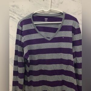 Tommy Hilfiger Women’s  XXL Blue/Grey Striped V Neck Long Sleeve Shirt